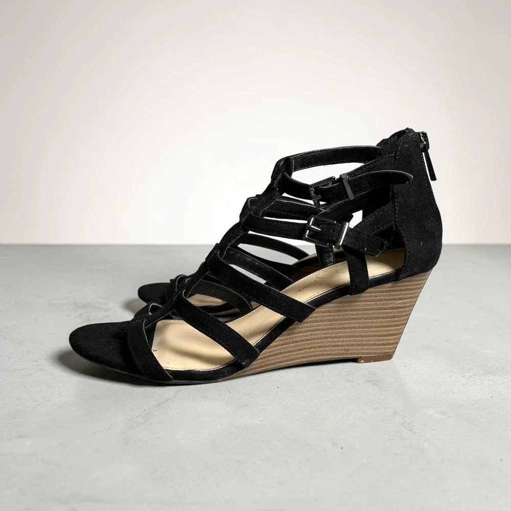 Jessica Simpson Wedge Sandals 8 Black Gladiator Strappy Cage Heels Night Out